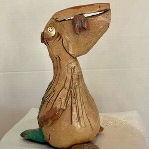 This is a rare Pelican, Folk Art, One-of-A-Kind stoneware Clay Sculpture, signed